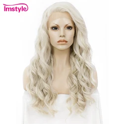 Imstyle Ash Blonde Wig Synthetic Lace Front Wig Long Wavy Cosplay Wigs Heat Resistant Fiber Wigs For Women 24 Inches