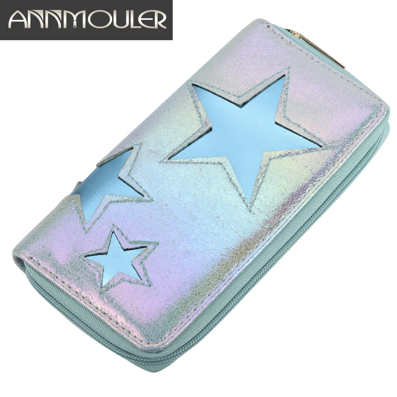 Annmouler Brand Women Wallets Pu Leather Long Size Purse Patchwork Clutch Bag Star Money Bag Fashion Card Holders for Grils