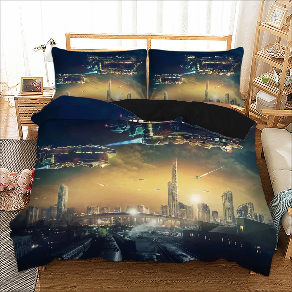 Spaceship Printed Bedding 2/3pcs Airship duvet cover pillow cover bed sets Blue/Gloden soft Western Single double bedding set