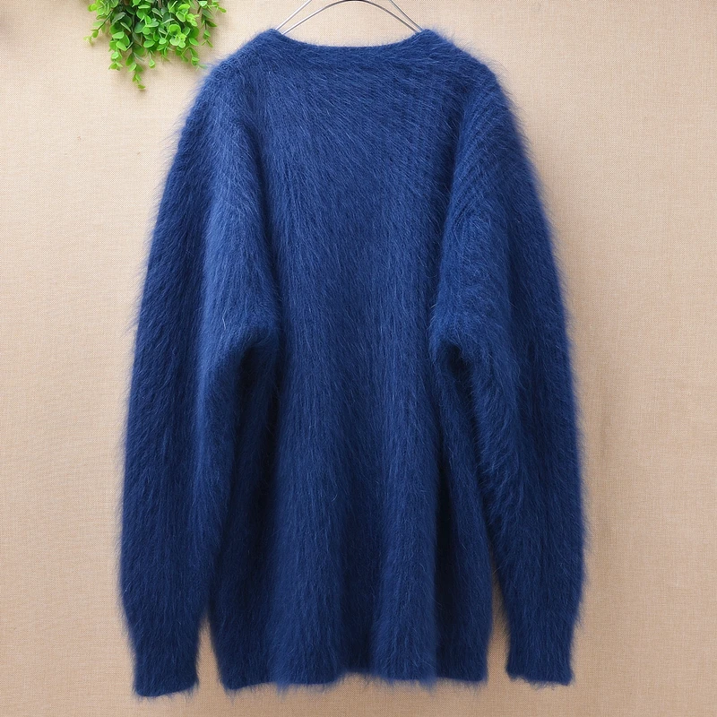 Thicken warm medium long 100% mink cashmere stripes V-neck cardigan lady Women loose long sleeves angora fur sweater coat winter