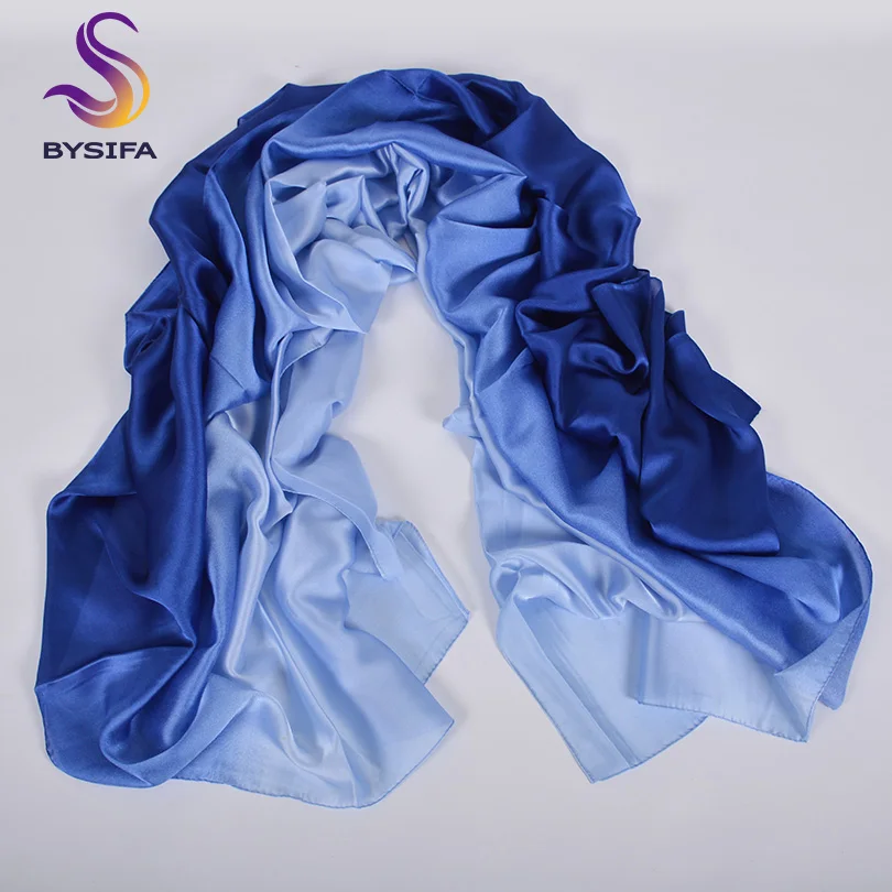 [BYSIFA] New Blue Gradient Silk Scarf Shawl Women Long Satin Brand Scarves Spring Simple Plain Muslim Women Head Scarf 180*90cm