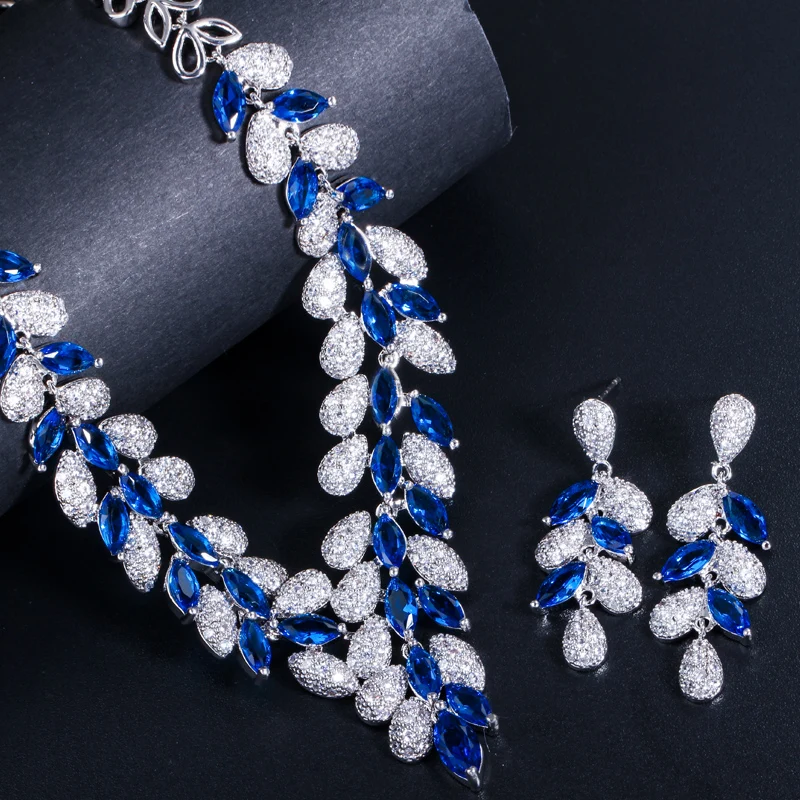 CWWZircons Luxury White Gold Color Royal Blue CZ Stone Wedding Necklace Earrings Jewelry Sets Bridal Dress Accessories T315