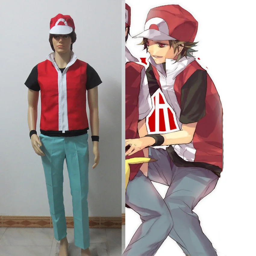 Anime Game Hot Trainer Red Cosplay Costume With Hat And Wristguards Included - Ash Ketchum Cosplay Outfit