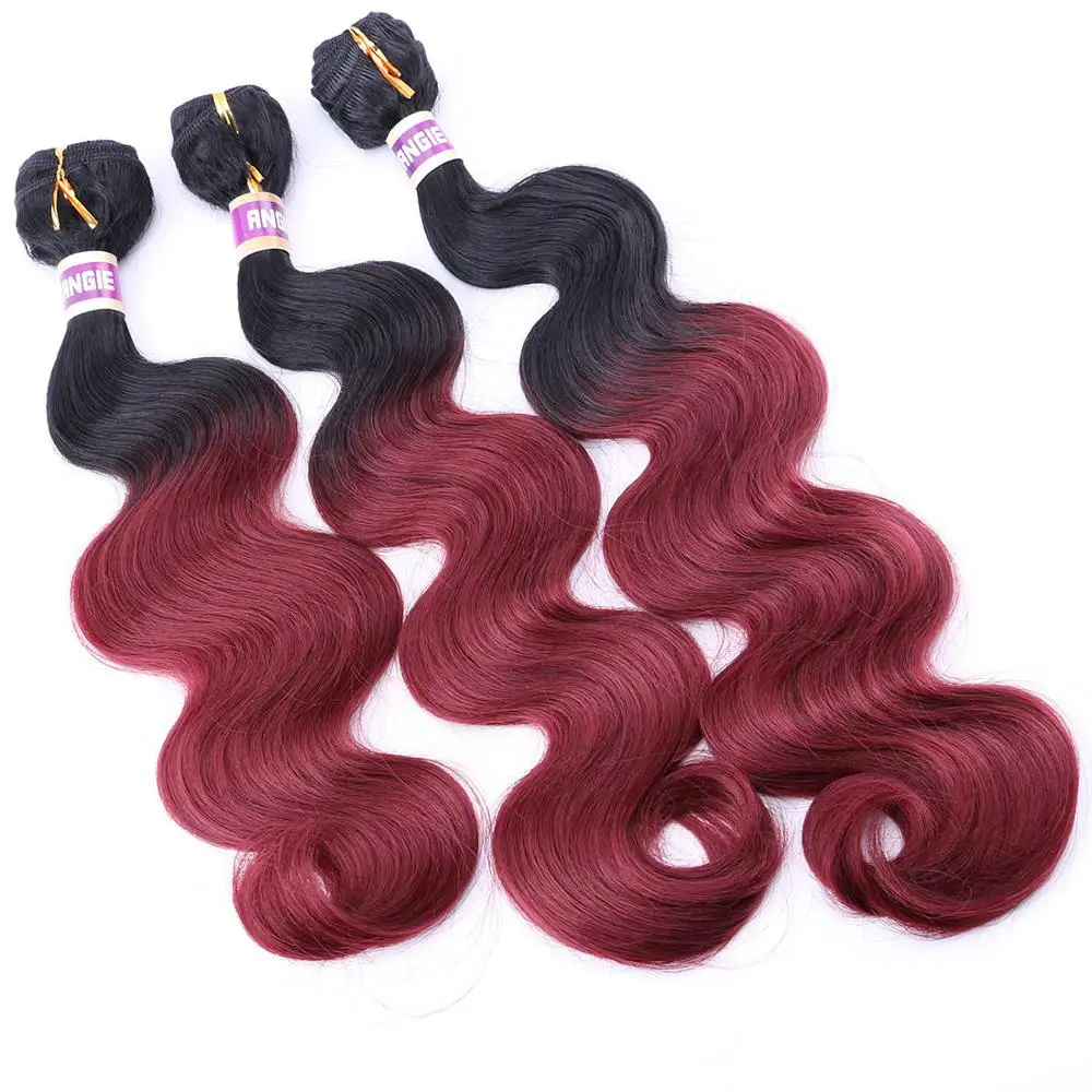 ANGIE Ombre Black to Burgundy Body Wave Hair Bundles High Temperature Synthetic Hair Extensions for Black Women