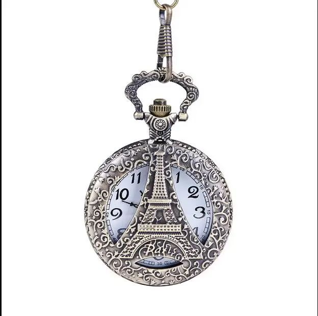 Wholesale price good quality vintage new retro romantic bronze mini Eiffel Tower pocket watch FOB with chain