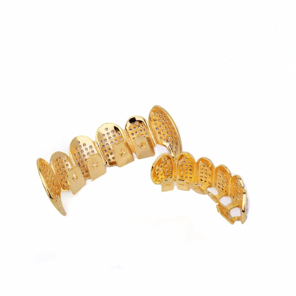 Shining Hip Hop Grillz Iced Out CZ Fang Mouth teeth grills Caps Top & Bottom tooth Set Men Women Vampire Grills Fashion Jewelry