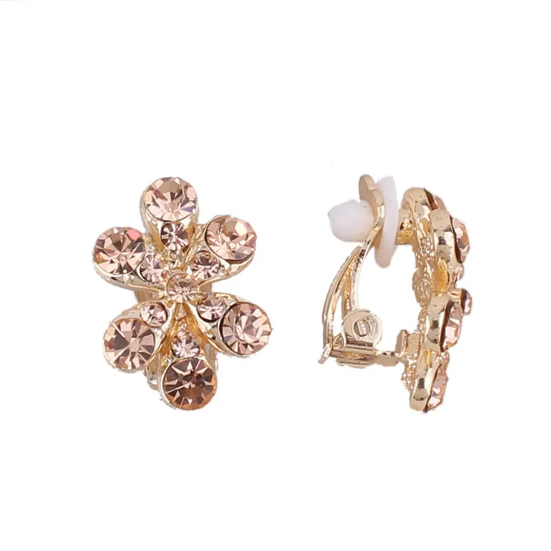 GRACE JUN Women's Rhinestone Crystal Clip on Earrings No Pierced High Quality Flower Shape Cushion Earrings Not Allergy Bijoux