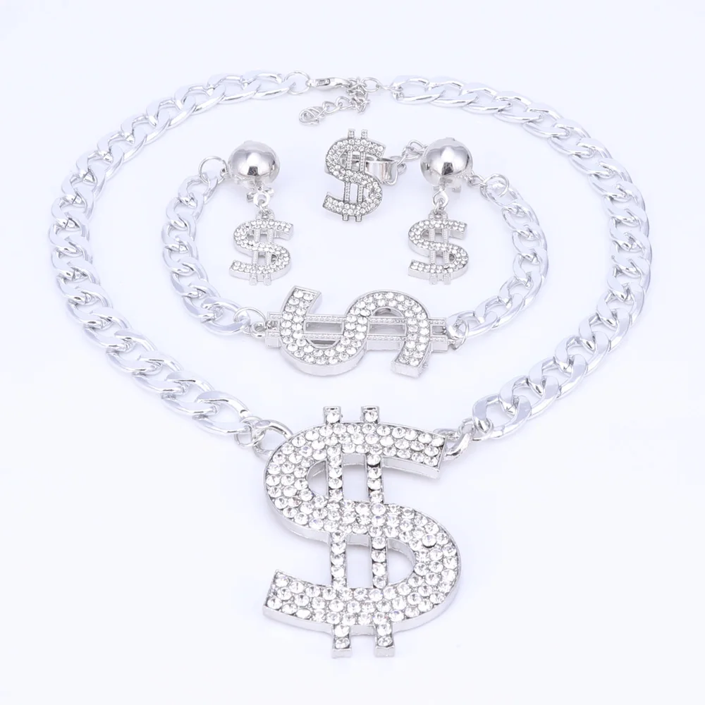 US Dollar Jewelry Sets Necklace Bracelet Earrings Ring Women Money Sign Gold Color Middle Eastern / African Jewellery Set