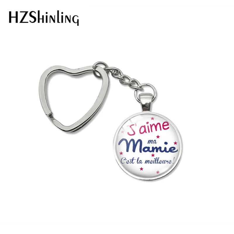 Fashion Jaime Mamie Heart Key Chain Handmade je suis une Mamie French Art Jewelry Glass Cabochon Super Mamie Keyring for Women