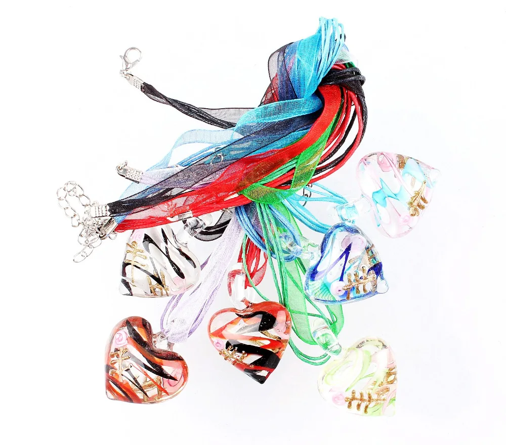 

Fashion Beauty Wholesale 6pcs Handmade Murano Lampwork Glass Mixed Color Heart Flower Inside Pendants Charms Necklaces
