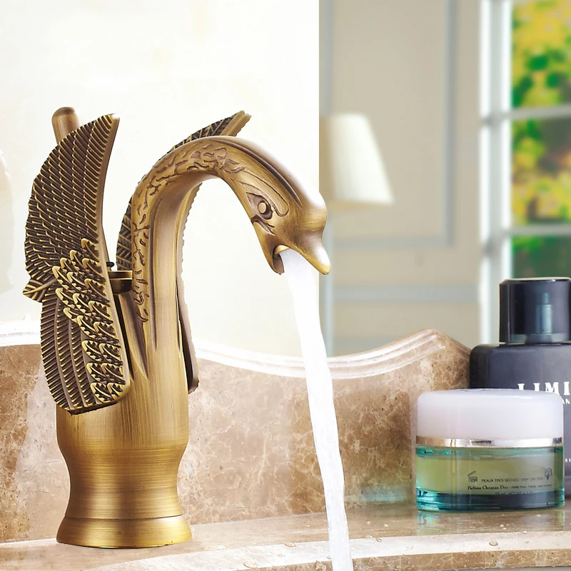 

Bathroom Swan Shape Faucet Newly Luxury Antique Brass Finished Hot and Cold Mixer Taps Deck Mounted Carving Swan Faucet AF1076