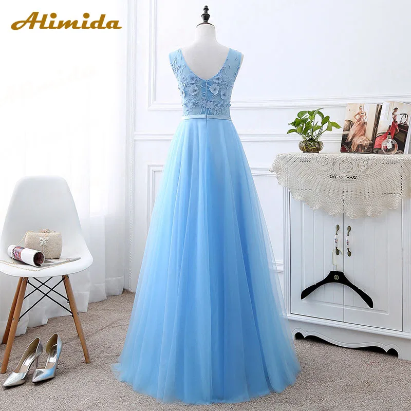 ALIMIDA Evening Dress Long 2020 New Appliques Prom Party Dress V-Neck A-Line Beading Formal Dresses Silver Pink Vestido De Festa