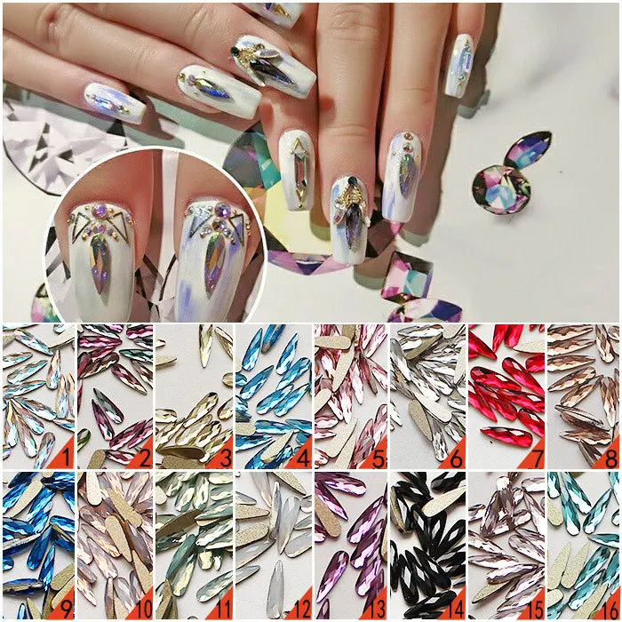 10Pcs ฟรี Top คุณภาพ2.8X10มม.ยาว Waterdrop รูปร่างเล็บ Non Hotfix Flatback Rhinestones เล็บ16สี