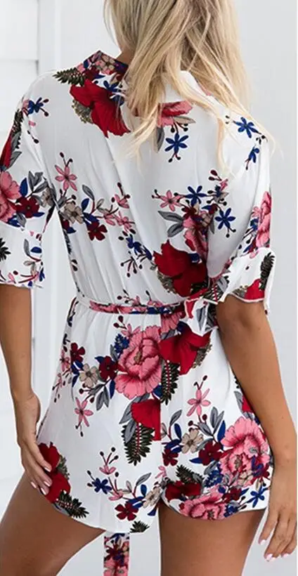 Bãi biển floral print sexy jumpsuit romper plasysuits v neck nửa Tay Áo bướm tay áo yếm Thời Trang Dạo Phố playsuit leotard