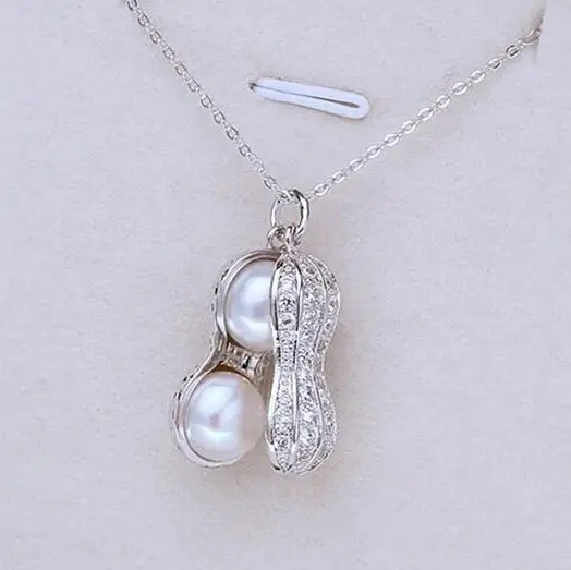 Fashion 9-10mm Natural White Freshwater Pearl Sterling Silver Peanut Pendant Necklace