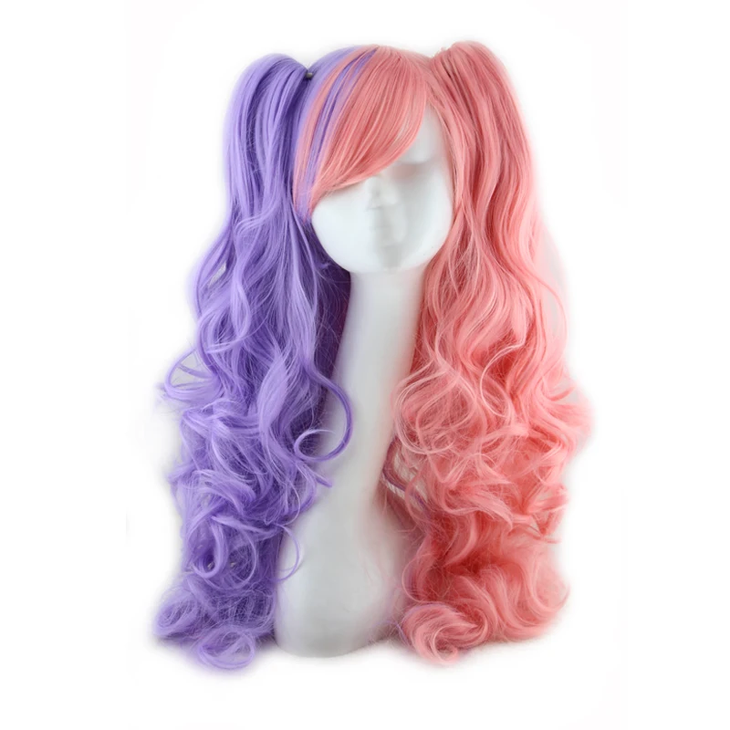 WoodFestival Synthetic Hair Cosplay Wig With Bangs Wavy Long Wigs For Women Two Claw Clip Ponytail Pink Red Blue Black White