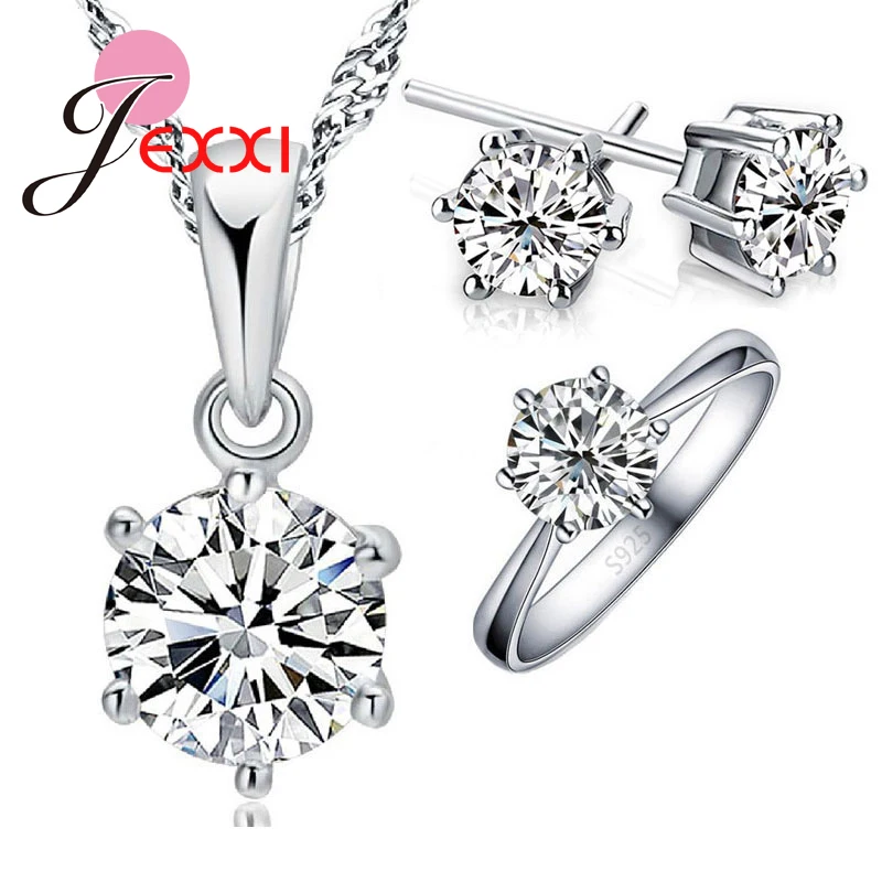 

Woman's Birthday Gift Fashion 925 Sterling Silver Needle Crystal Wedding Jewelry Set Necklace Ring Earring 3 pcs/set