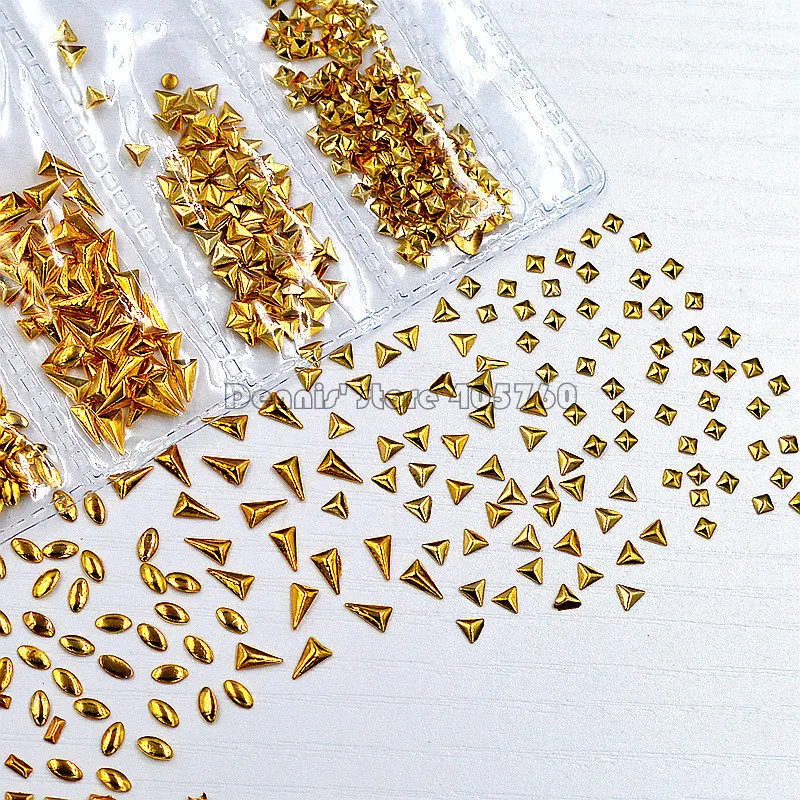 1 Pack Mix Shape Gold 3D Rectangle Triangle Square Drop Oval Metal Stud Nail Art Rhinestones Gems Decorations DIY Salon Tip 11#