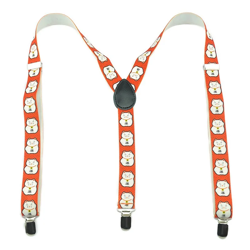 Merah Lucky Cat 2.5 Cm/1 Inci Lebar Unisex Pria Wanita Suspender Klip Kawat Gigi Elastis Kawat Gigi tali Selempang Y-Kembali Suspender