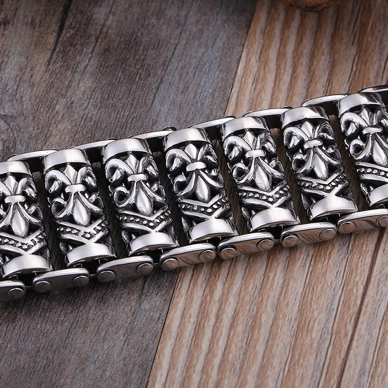 Bracelets For Men\'s Boy\'s Fashion Chain Jewelry, 316L Stainless Steel Rock Punk Motorbiker cross flower Bracelet and Bangle