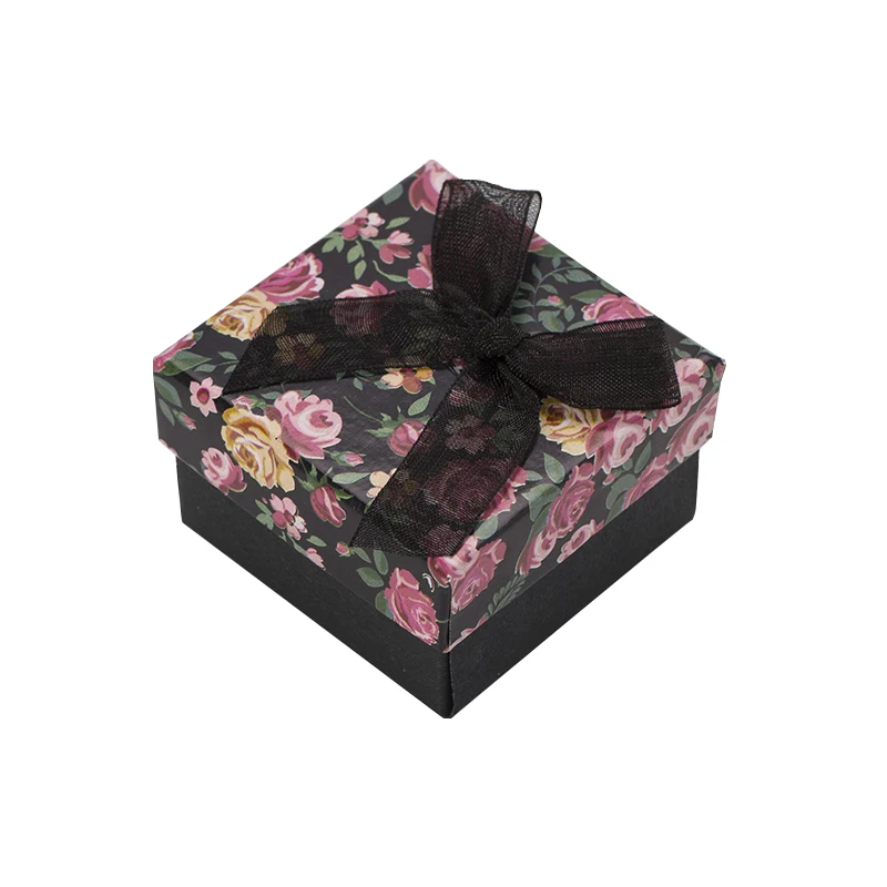 24pcs Gift Box 5x5x3cm Ring Box Flower Patternn Paper Earrings Packaging Jewelry Box Ribbon and Sponge Black/Pink/Green/Yellow