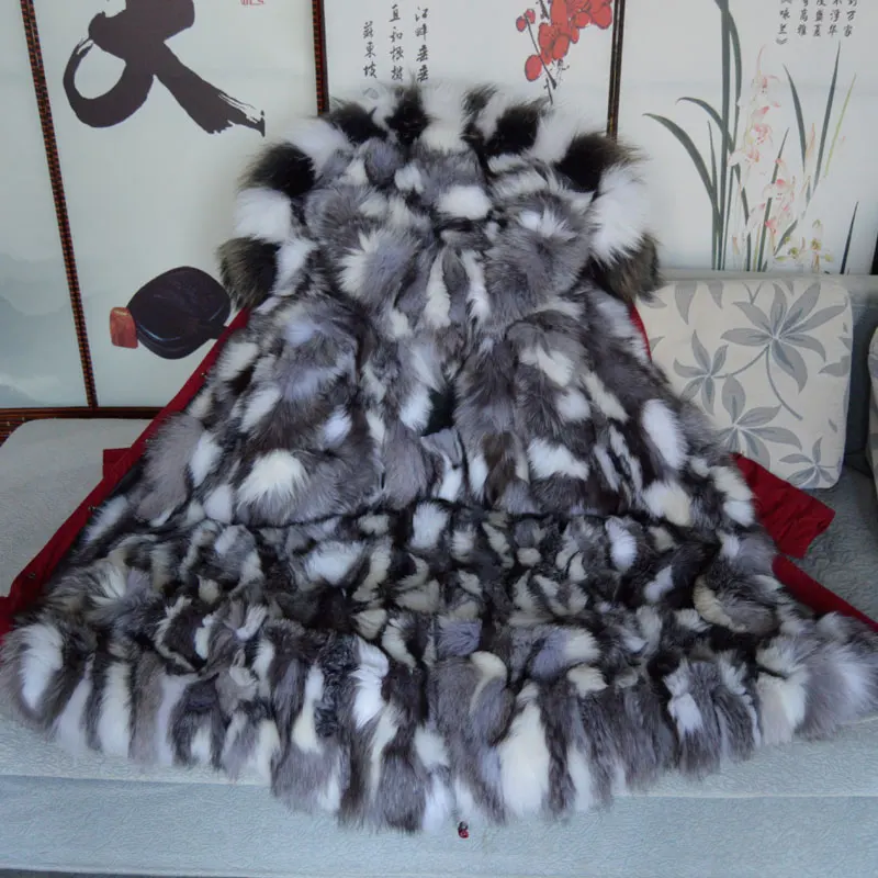 

Black&White Gradual Change Fox Fur Parka, Long Fox Fur Parka Mr And Mrs Red Parka Wear