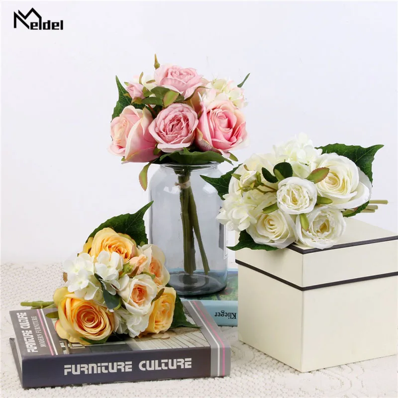 

Meldel Bride Wedding Bouquet Bridesmaid Bouquets of Roses Artificial Silk Rose Flower Pink Wedding Supplies DIY Home Party Decor