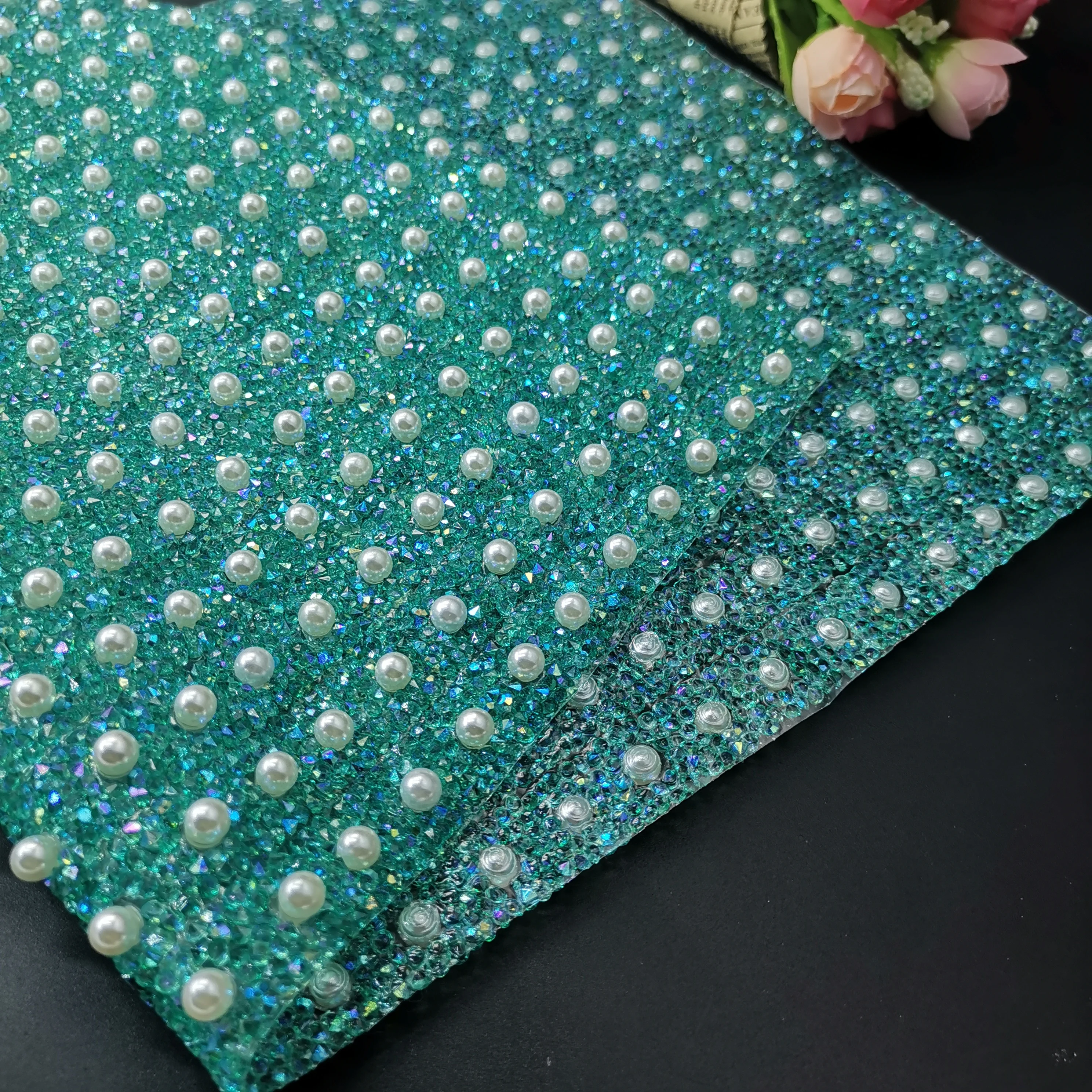 24*40cm Pearl Glitter Multicolor Rhinestone Mesh Trim Hotfix Crystal Fabric Sheet Strass Ribbon Applique For Dress Crafts