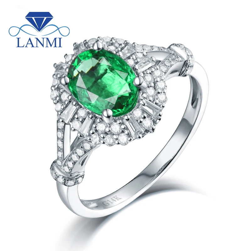 

LANMI Emerald Engagement Ring Dual Purpose Oval Zambia Green Gemstone Solid14K White Gold Shinning Diamond Rings for Women