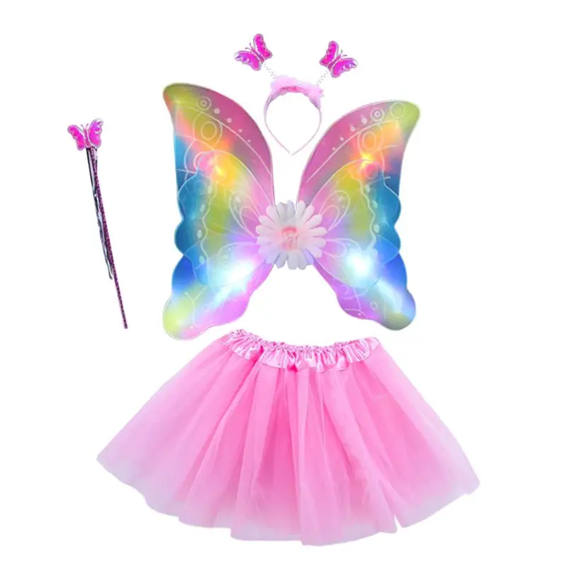 4Pcs Girls LED Fairy Costume Set Tulle Tutu Skirt Double Layer Butterfly Wings Wand Headband Princess Performance Stage Skirt