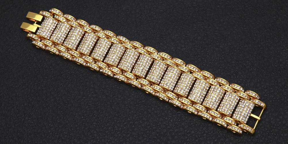 Hip Hop Full Rhinestones Bling Iced Out Rapper Bracelet Gold Color Watch Band Link Chain Bracelets Bangles for Men Jewelry