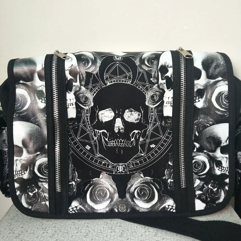 Unisex Mica Skulls Roses Black & White Illuminati Gothic Waterproof Shoulder Cross Messenger School Work Bag