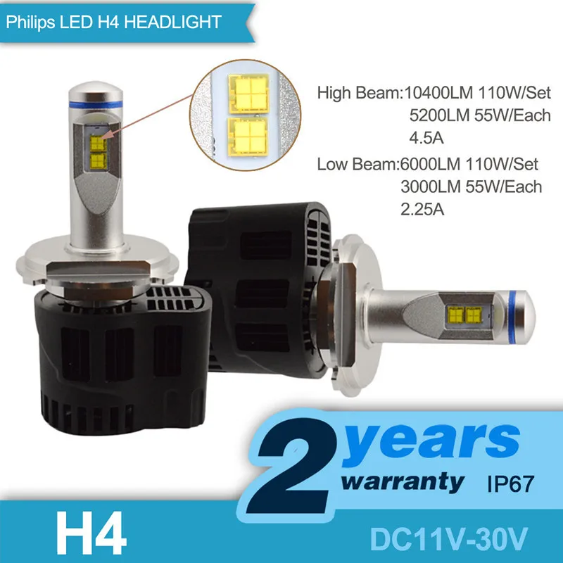 

H4 (9003) (Hb2) Low/High Beam LED Headlight Conversion Kit -55/110w 10400lm-Replaces HalogenXenonHID Kit / Bulbs - 6000k White