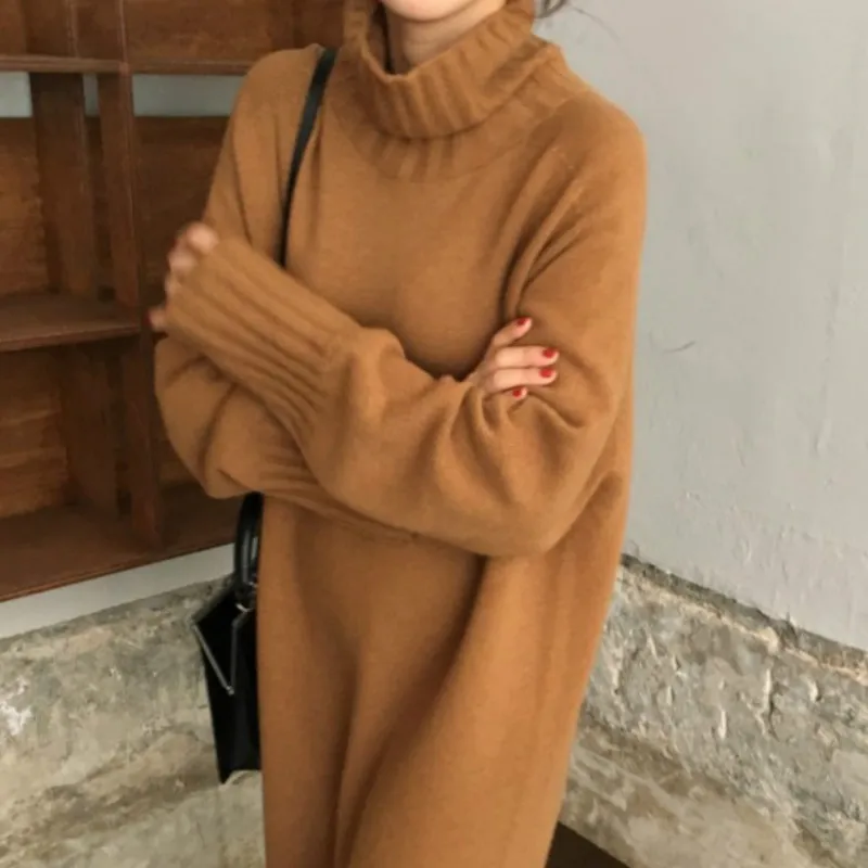 Women Autumn Winter thick Turtleneck long Sweater Dress ladies Long Sleeve straight split Knitted pullover dresses solid