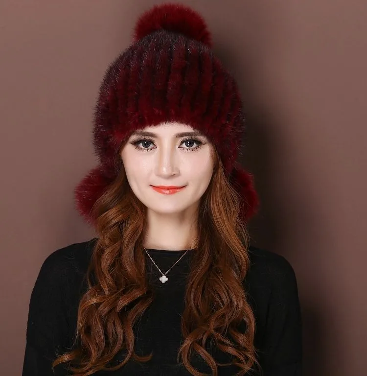 Fashion Women Real mink hat Winter warm mink fur knit hats Women fox fur ball cap