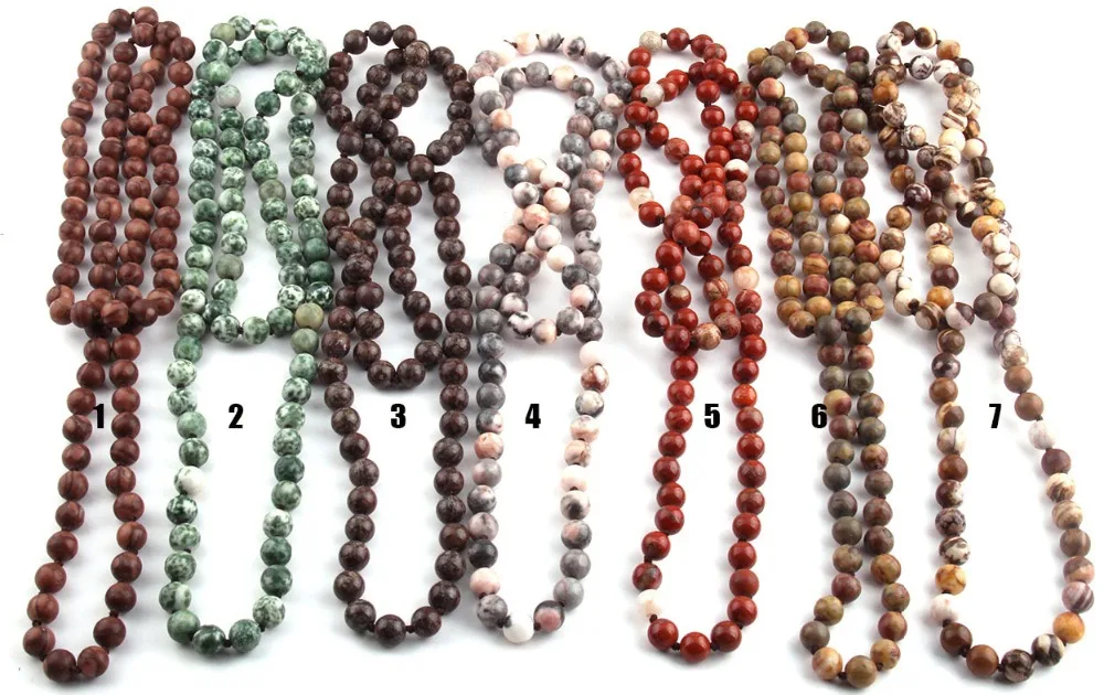 Fashion 8MM Natural Semi Precious Stones Beads long Knotted Statement Necklaces  For Women