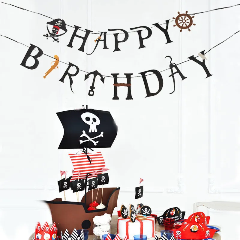 Chicinlife 1Set Bajak Laut Selamat Ulang Tahun Banner Baby Shower Pesta Ulang Tahun Anak-anak Garland Bunting Pesta Bajak Laut Bendera Dekorasi Suppliess