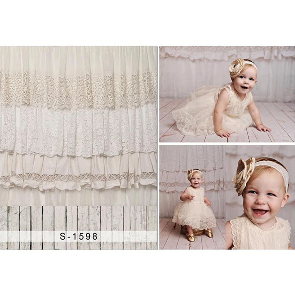 Digital Printed Lace Edged Curtain Baby Shower Backdrop Wood Floor Newborn Photography Props Kids Girl's Photo Studio Background