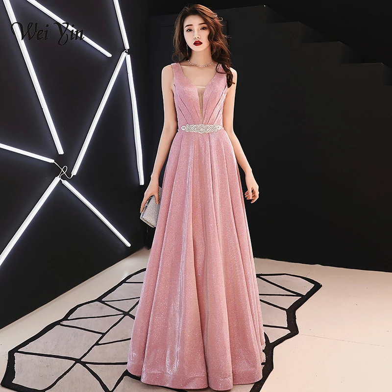 

weiyin A Line Vintage Evening Dresses 2023 Long Pink Sleeveless Floor Length Party Prom Dress Vestido De Noiva WY1323