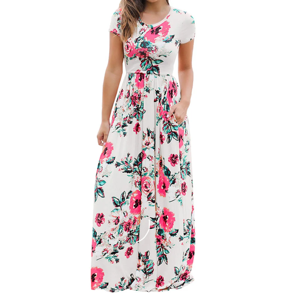 Robe longue à fleurs style Boho pour femmes, Vintage, tenue de plage, Maxi, Kaftan, noir, rose, été, S-2XL