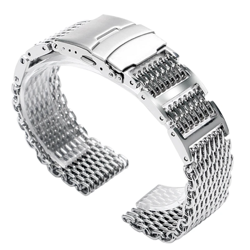 20/22/24mm HQ Shark Mesh Silver Stainless Steel Watchband Replacement Bracelet Men Folding Clasp with Safety Watch Band Strap