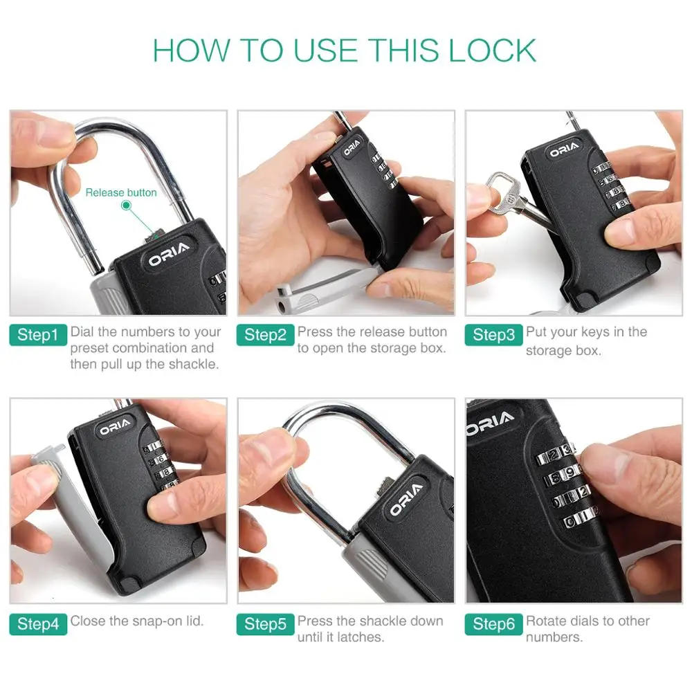 ORIA Key Storage Lock Box Key Storage Safe Box Lock Wall Mounted Indoor Outdoor 4 Digit Waterproof Padlock Security Key Holder
