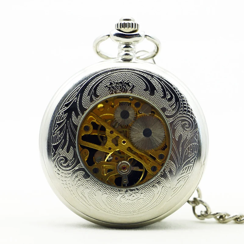 Silver Hollow Flower Steampunk Mechanical Pocket Watch Vintage Fob Chain Necklace Bracelet Pendant Clock Best Gift for Men