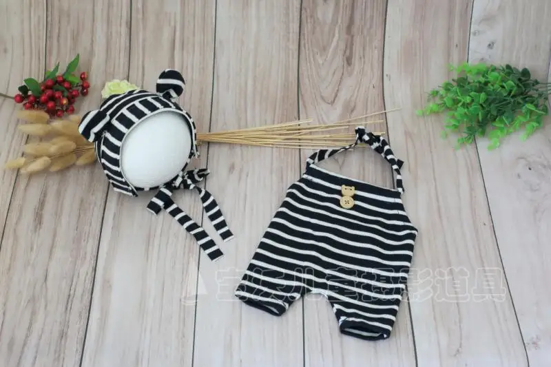 Sewn Striped Newborn Baby Boy Romper and Bonnet Handmade Newborn Bear Bonnet Pant Photography Props