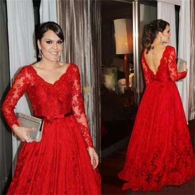 2019 Newest V-neck Red Long Sleeve Evening Dresses Prom Dresses 2019 Lace Formal Evening Gowns Backless Vestido De Noche