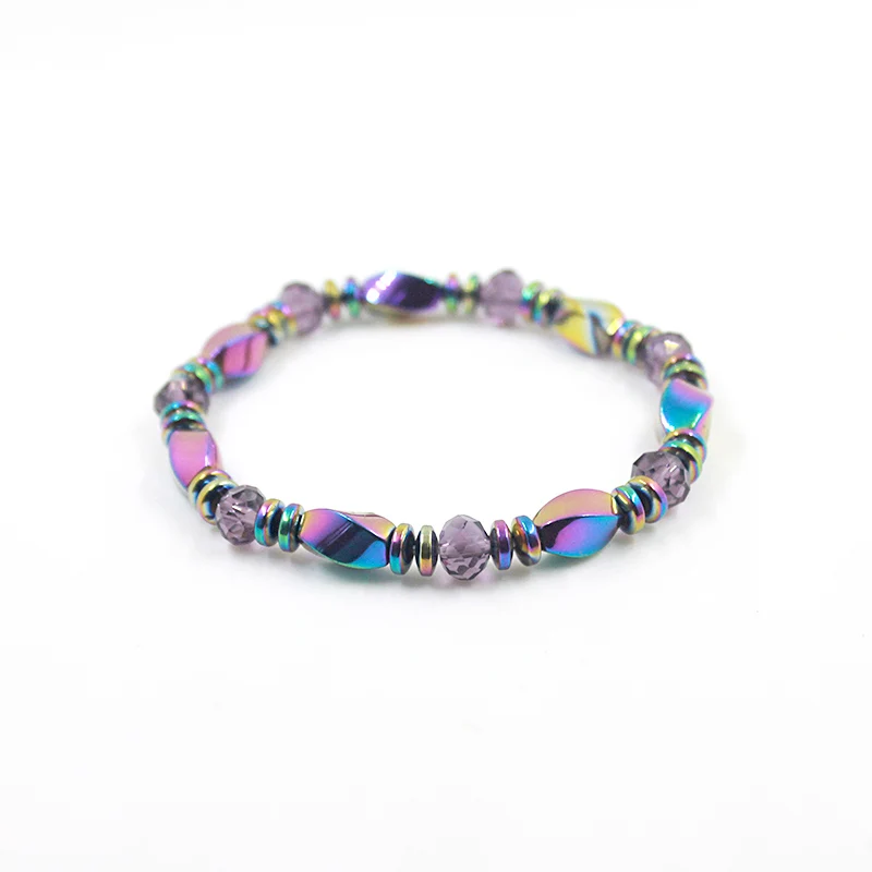 Rainbow Color Coated Hematite Beaded Bracelet Faced Crystal Beads Strand Bracelet Handmade Jewelry for Men and Women