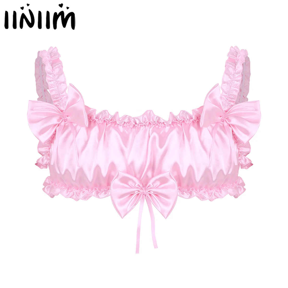 iiniim Mens Sissy Lingerie Exotic Tanks Smooth Soft Satin Ruffled Frilly Elastic Wide Shoulder Straps Backless Wire-free Bra Top