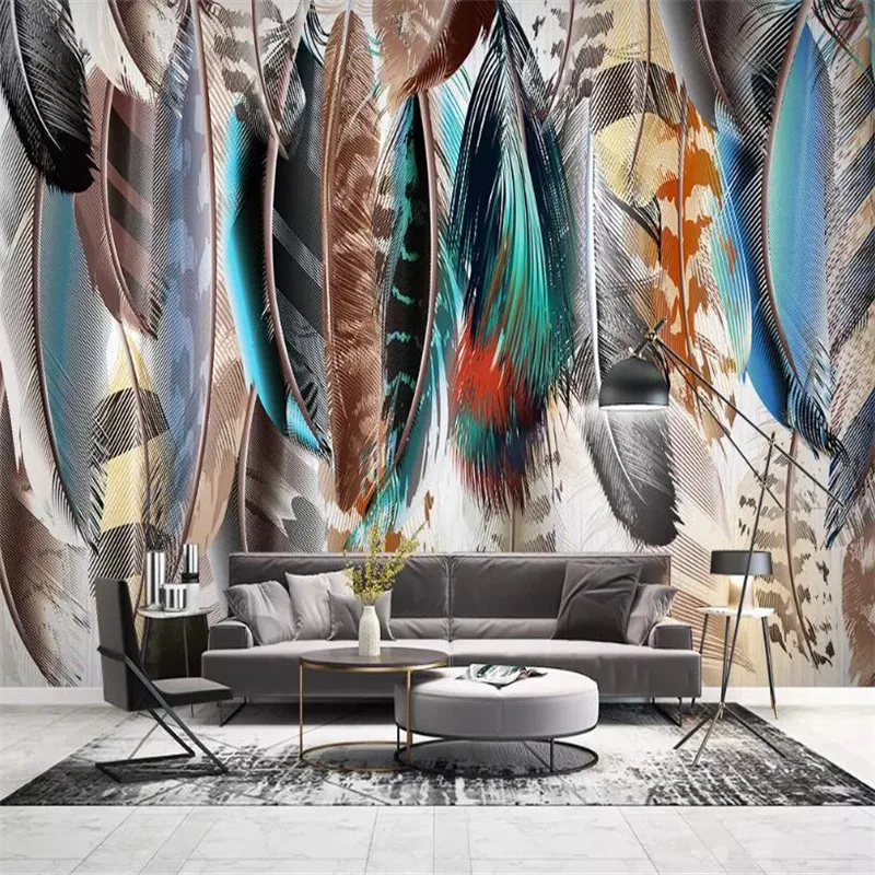 

Hand-painted colored feathers background wall professional production mural factory wholesale wallpaper mural poster photo wall