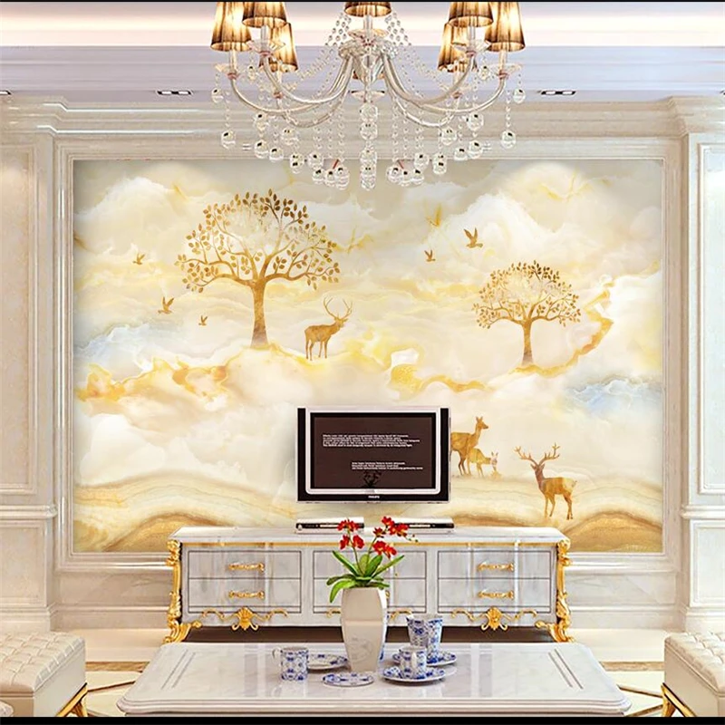 

wellyu papel de parede para quarto Custom wallpaper European marble texture abstract tree elk TV sofa background wall behang