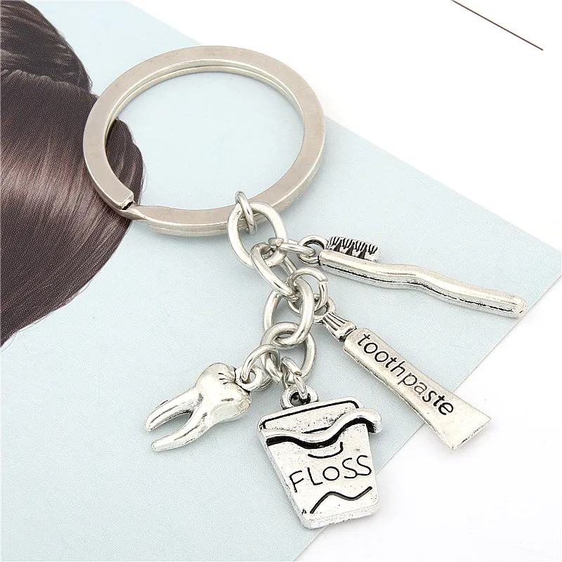 1pc Toothbrush floss Toothpaste Tooth Key Holder Dental Hygienist Keychains Decorative Backpack Pendant Keyring